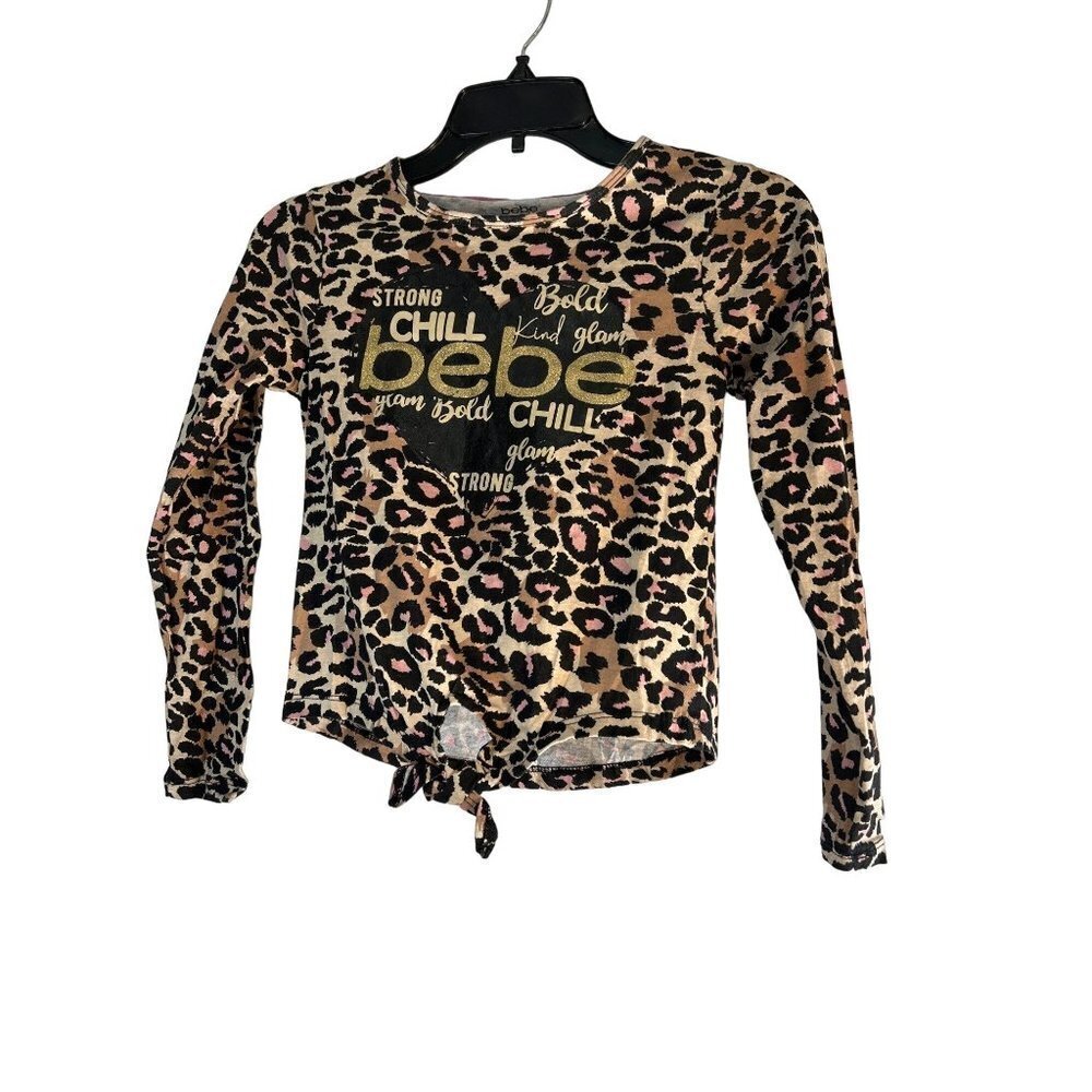 bebe Girls Animal Print Graphic Tie Up Top Brown Cream Tan Pink Size M 10-12